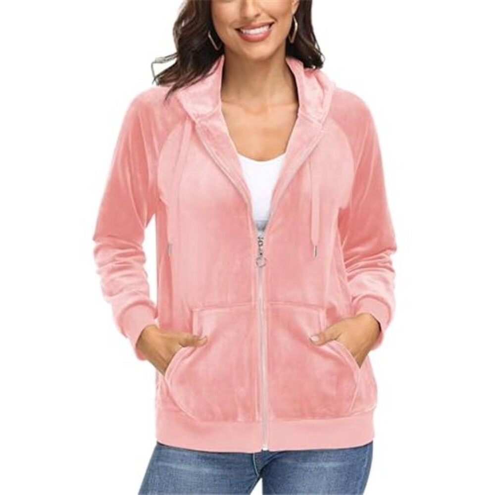 Womens Velour Hoodie Jacket Full Zip Long Sleeve Soft Warm Velvet Outerwear